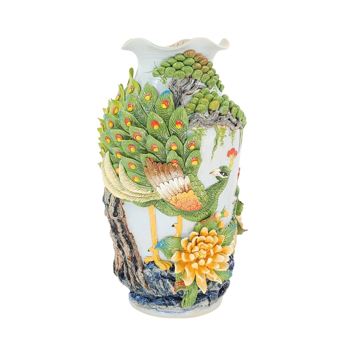 Bình Hoa Bát Tràng Đắp Nổi Công Hoa Và Cây Tùng Men Bóng Đặc Biệt - TV-BD125MR07-03